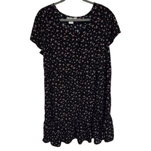 Passport Floral Print Dress Ruffle Hem Short Sleeve Casual Black 2X